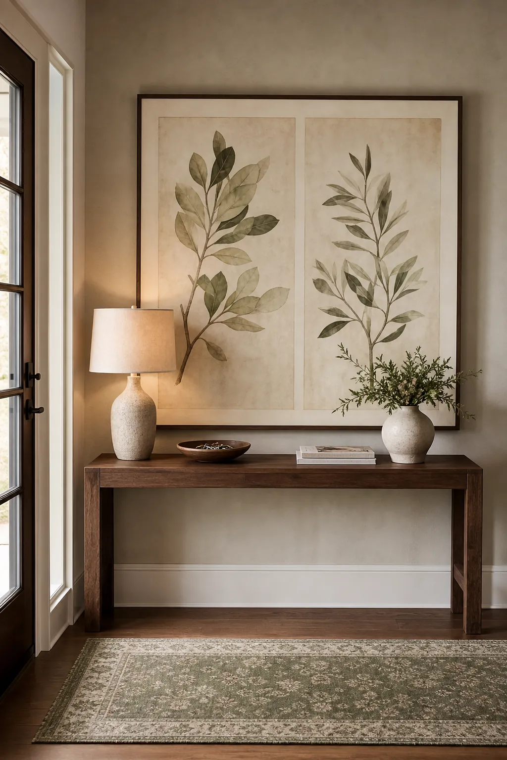 Entryway wall decor with correctly scaled large art, slim table, lamp, and runner rug