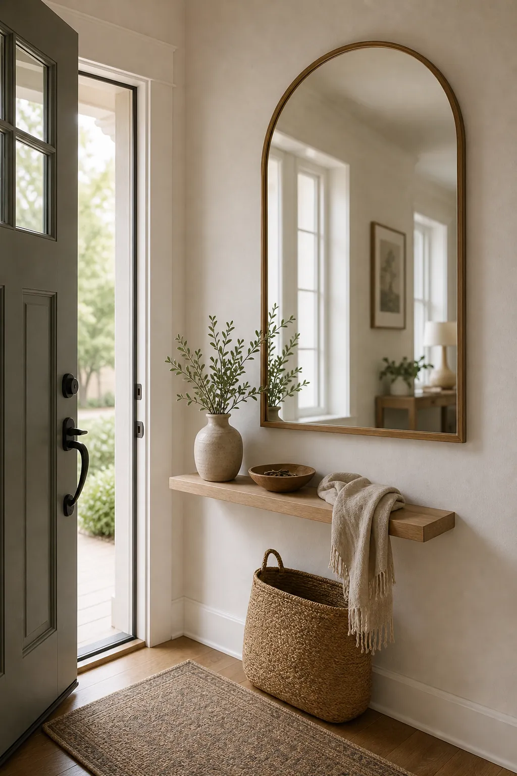 Large mirror beside the front door reflecting light in a calm natural entryway