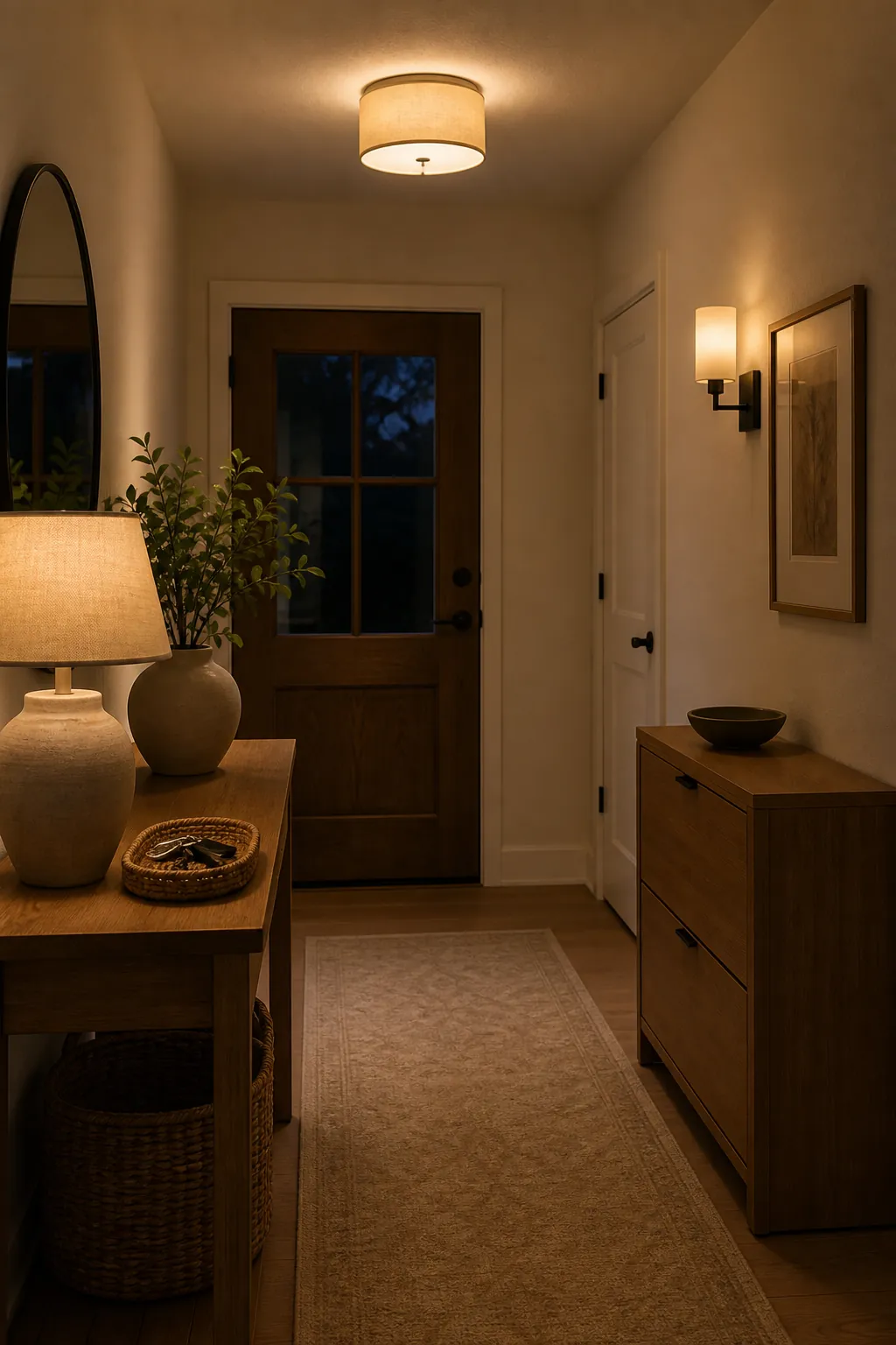 Warm layered entryway lighting with table lamp, wall sconce, and soft ceiling light