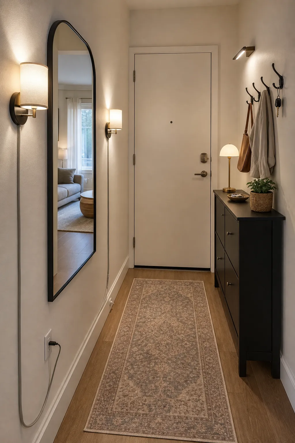 Rental-friendly bright entryway upgrades with plug-in wall lights, mirror, slim storage, and runner rug