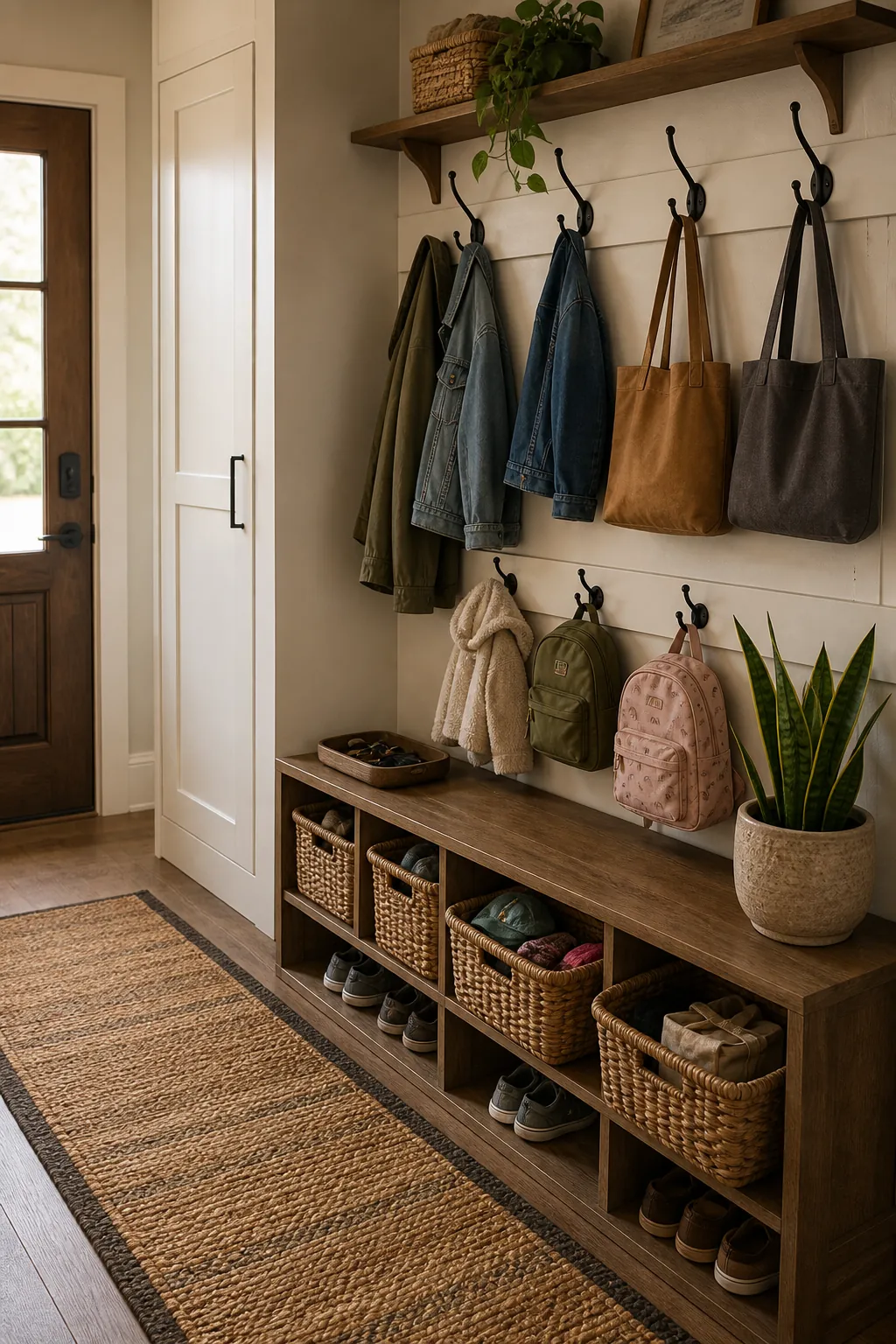 Family entryway organization with lower hooks, labeled baskets, plants, and clear floor space