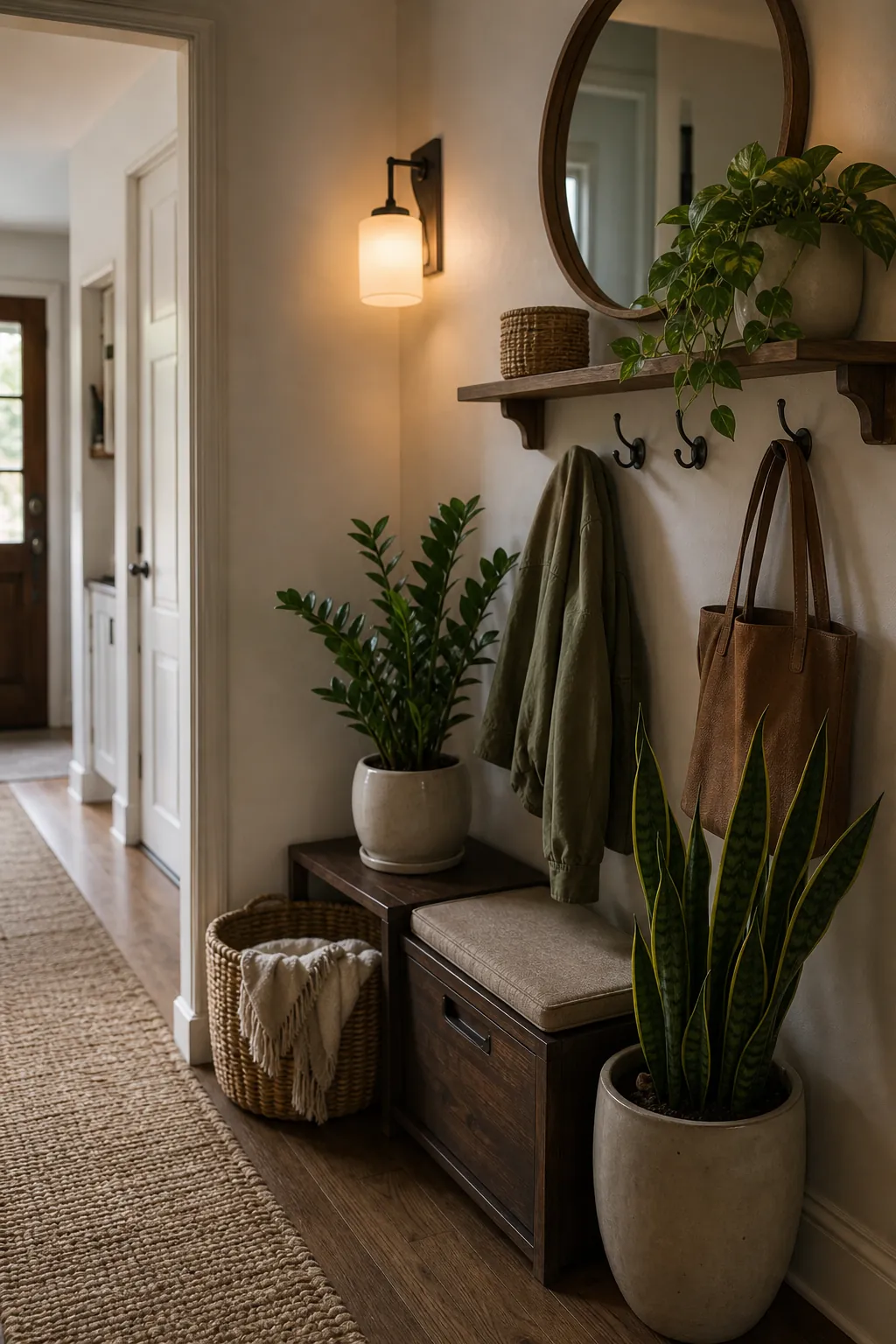 Low-light entryway plants on a shelf with hooks, baskets, and a mirror