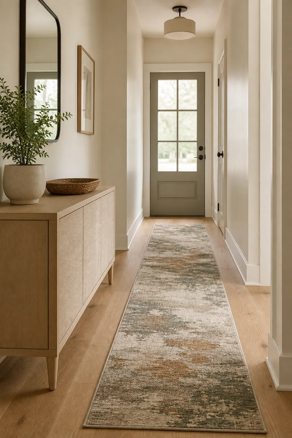Low-pile runner rug defining a calm narrow entryway with clear walking space