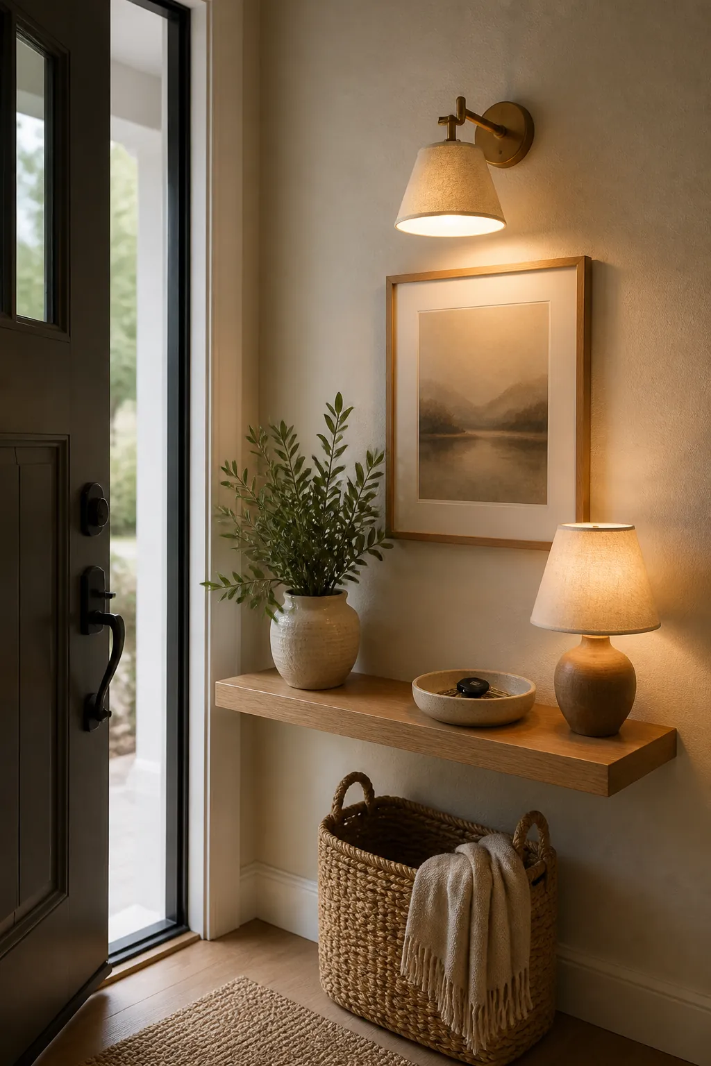 Small entryway wall shelf with warm lighting woven basket and natural decor beside the door