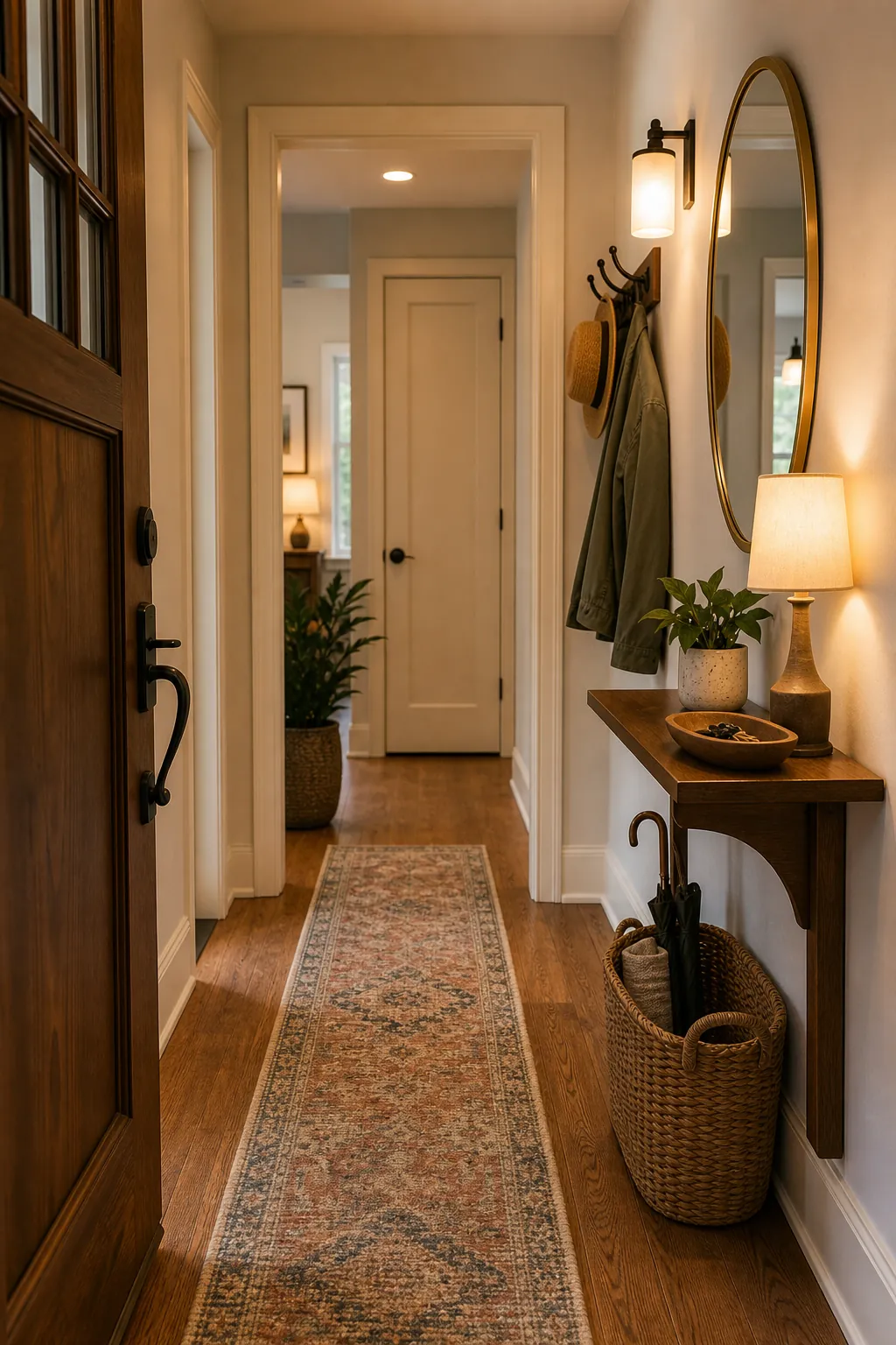 Narrow entryway with a runner rug, mirror, warm light, hooks, baskets, and plants