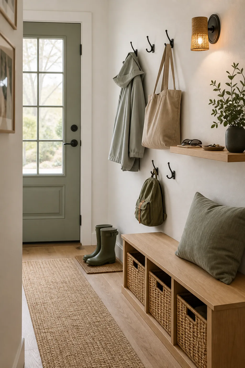 Mini mudroom entryway with hooks, baskets, closed storage, and clear floor space