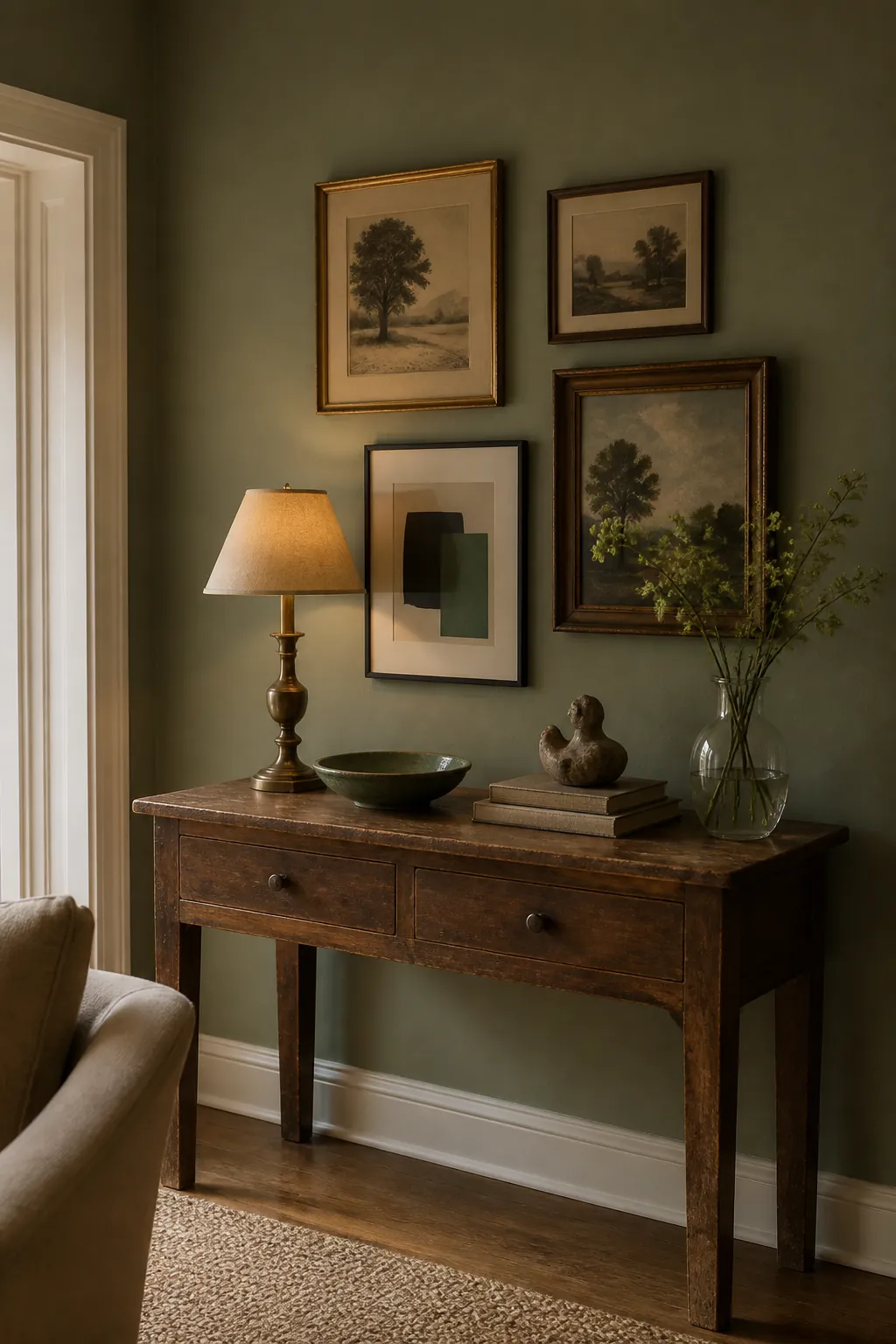 Olive green wall with vintage console table, brass lamp, and collected artwork