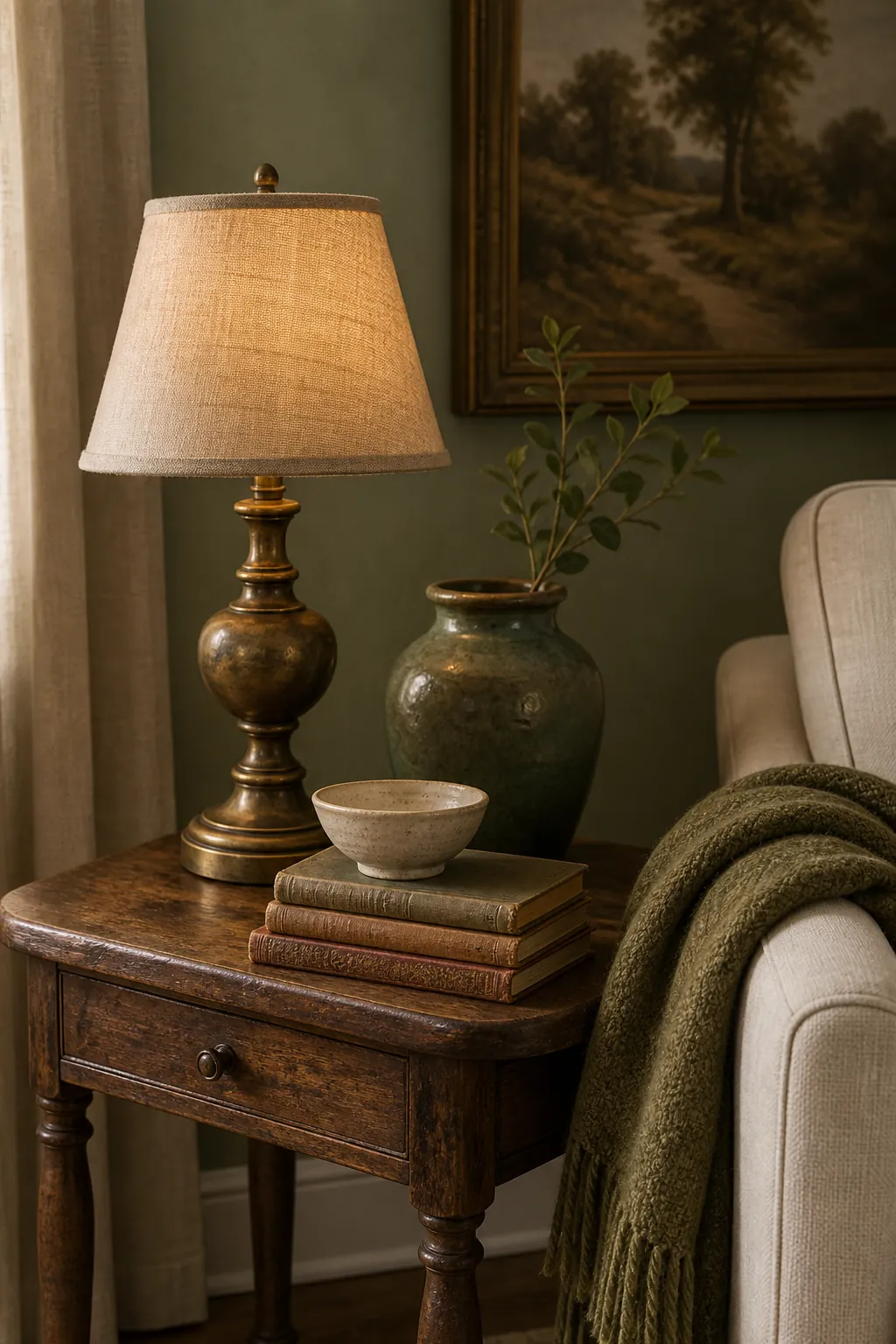 Close view of green decor layered with warm wood, aged brass, linen, and vintage books