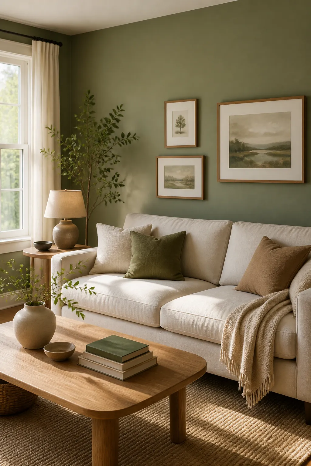 Balanced sage green living room with neutral accents and warm wood decor