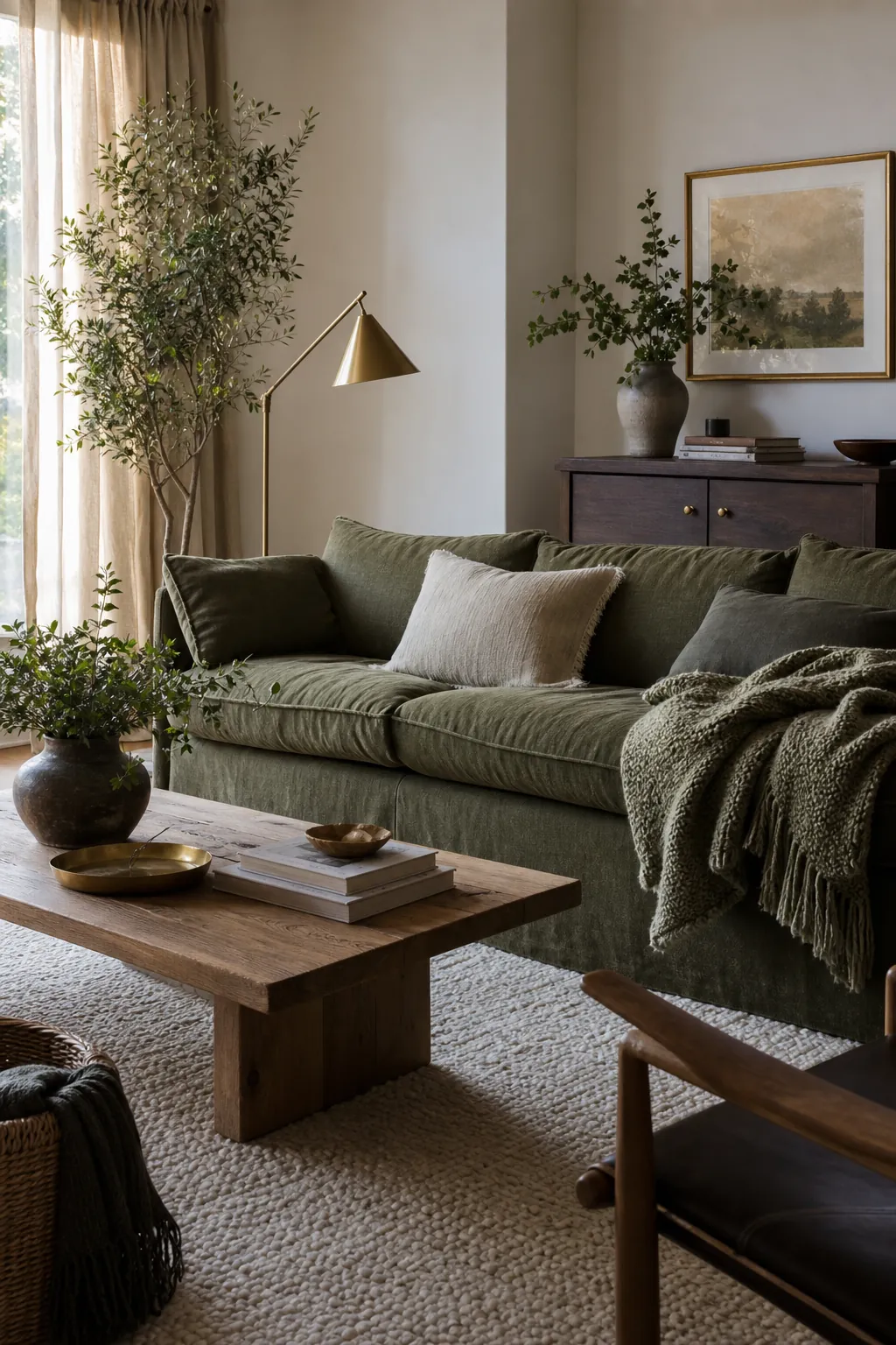 Casual green and gold living room with relaxed brass accents, soft textures, and warm wood
