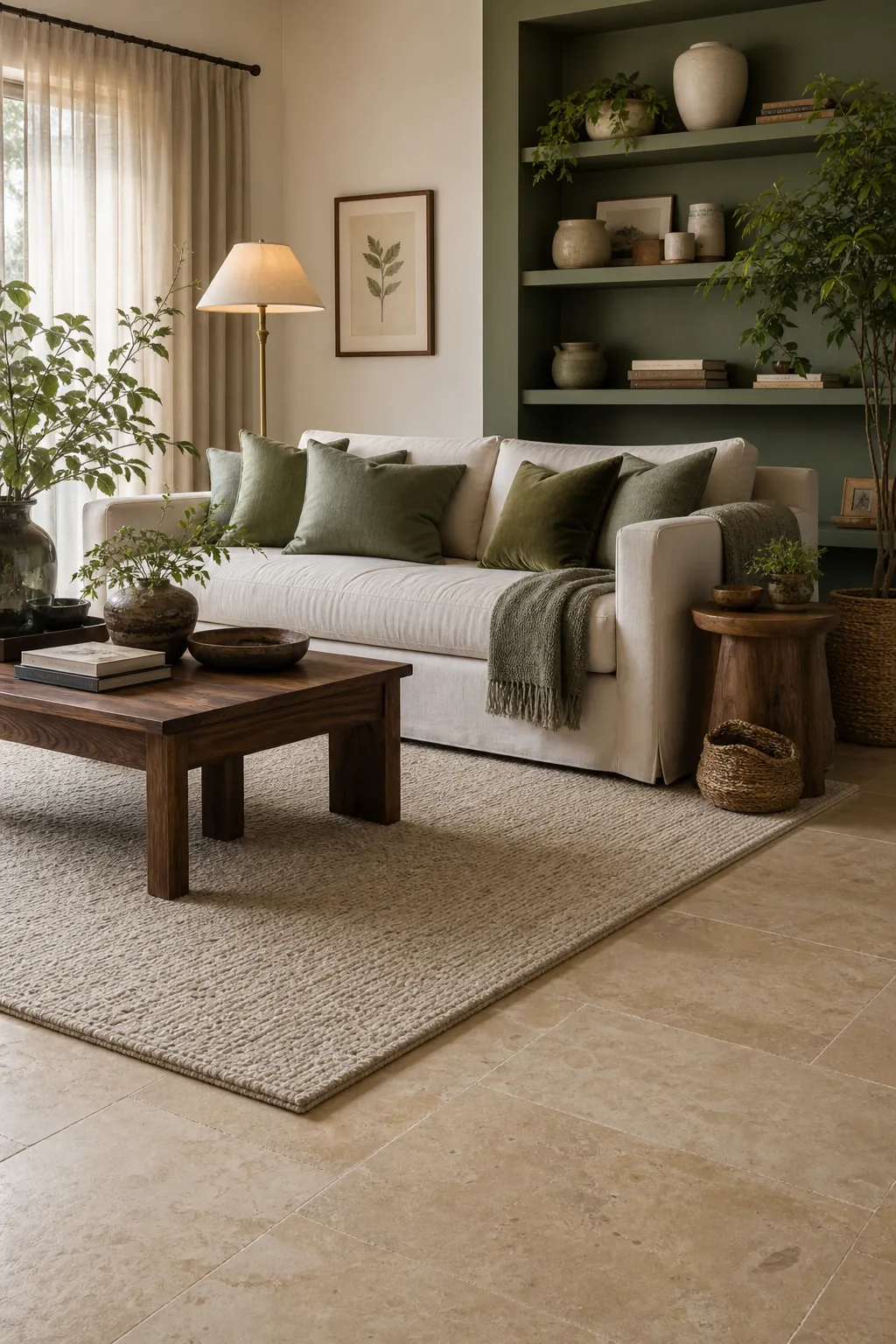 Green room decor with beige floors, sage accents, natural textures, and warm living room styling