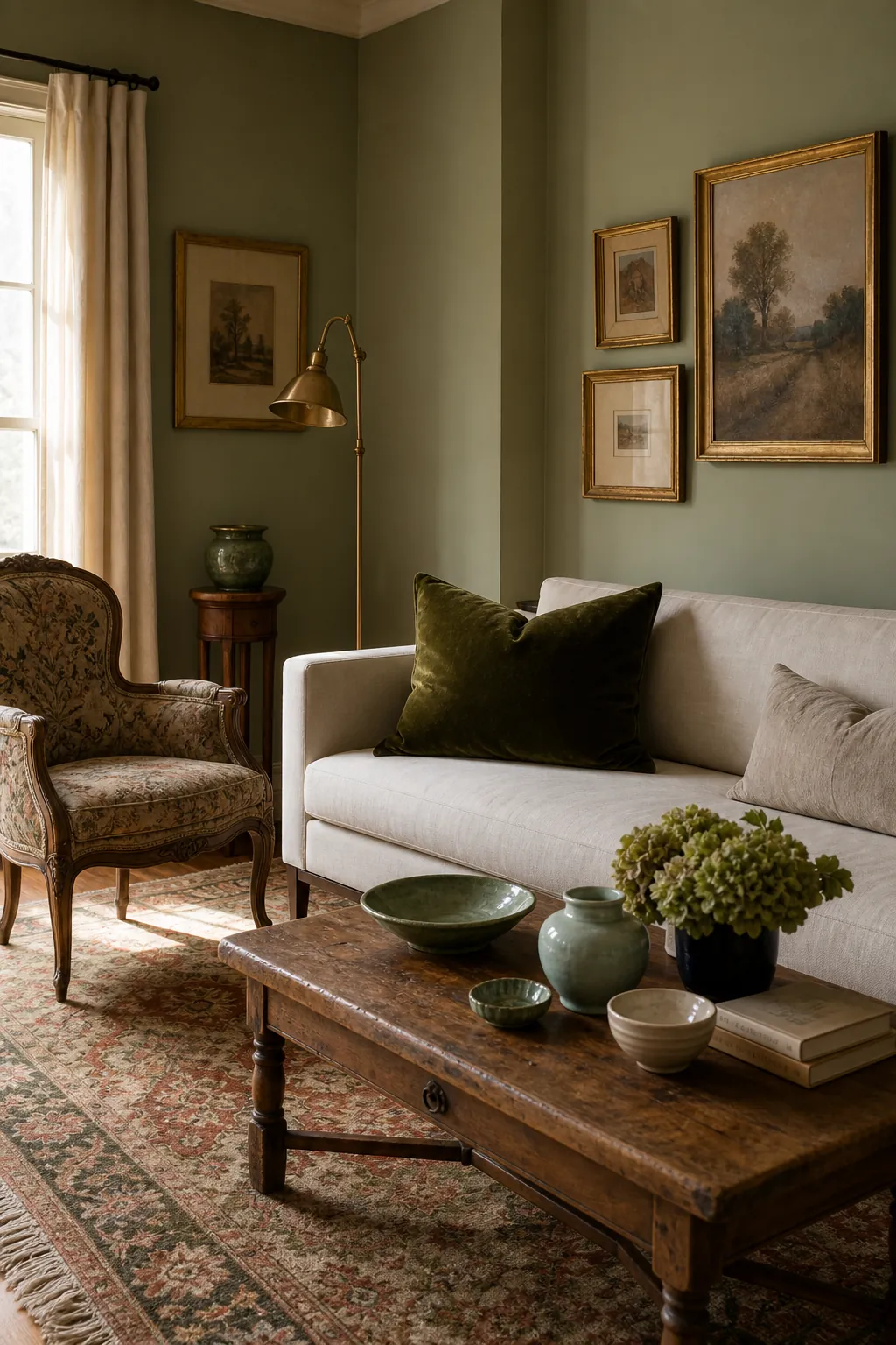 Green vintage living room with collected decor and warm wood accents