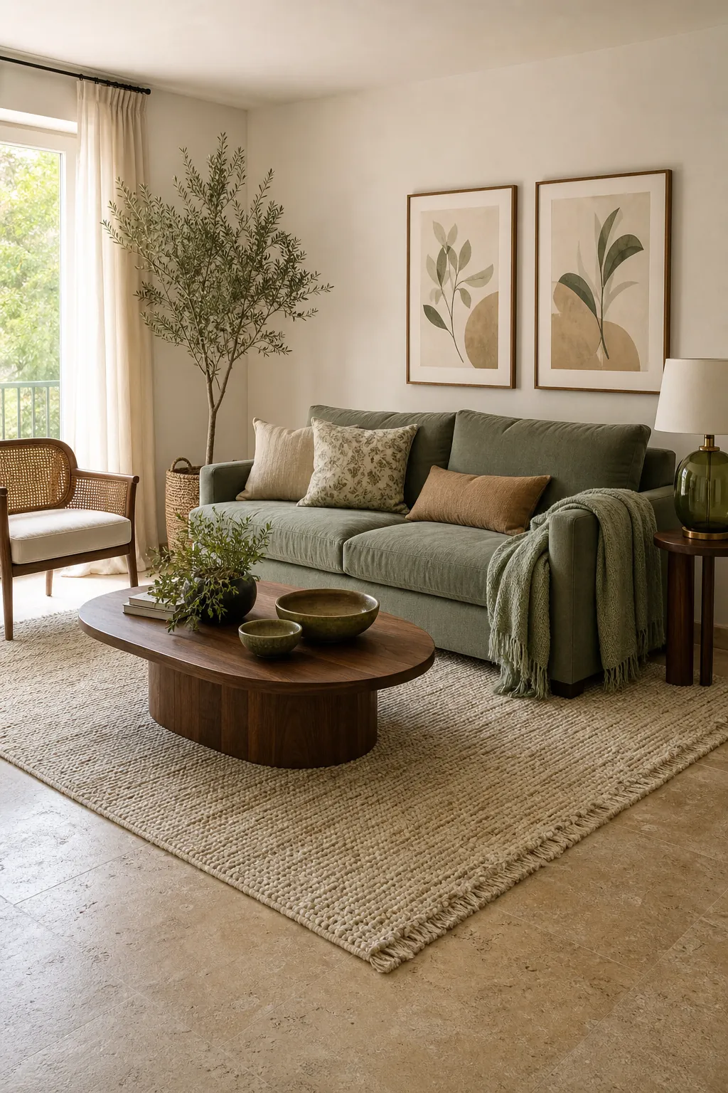Sage green sofa in a living room with beige floors and warm wood accents