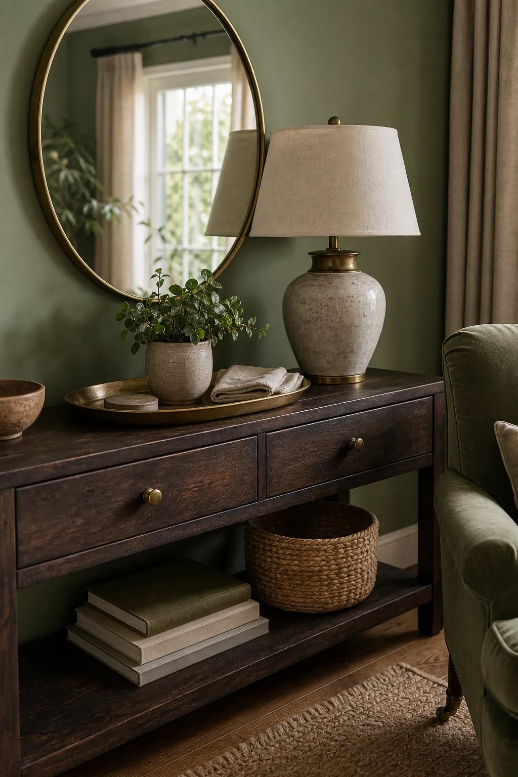 Sage green console area with aged brass accents and casual home decor