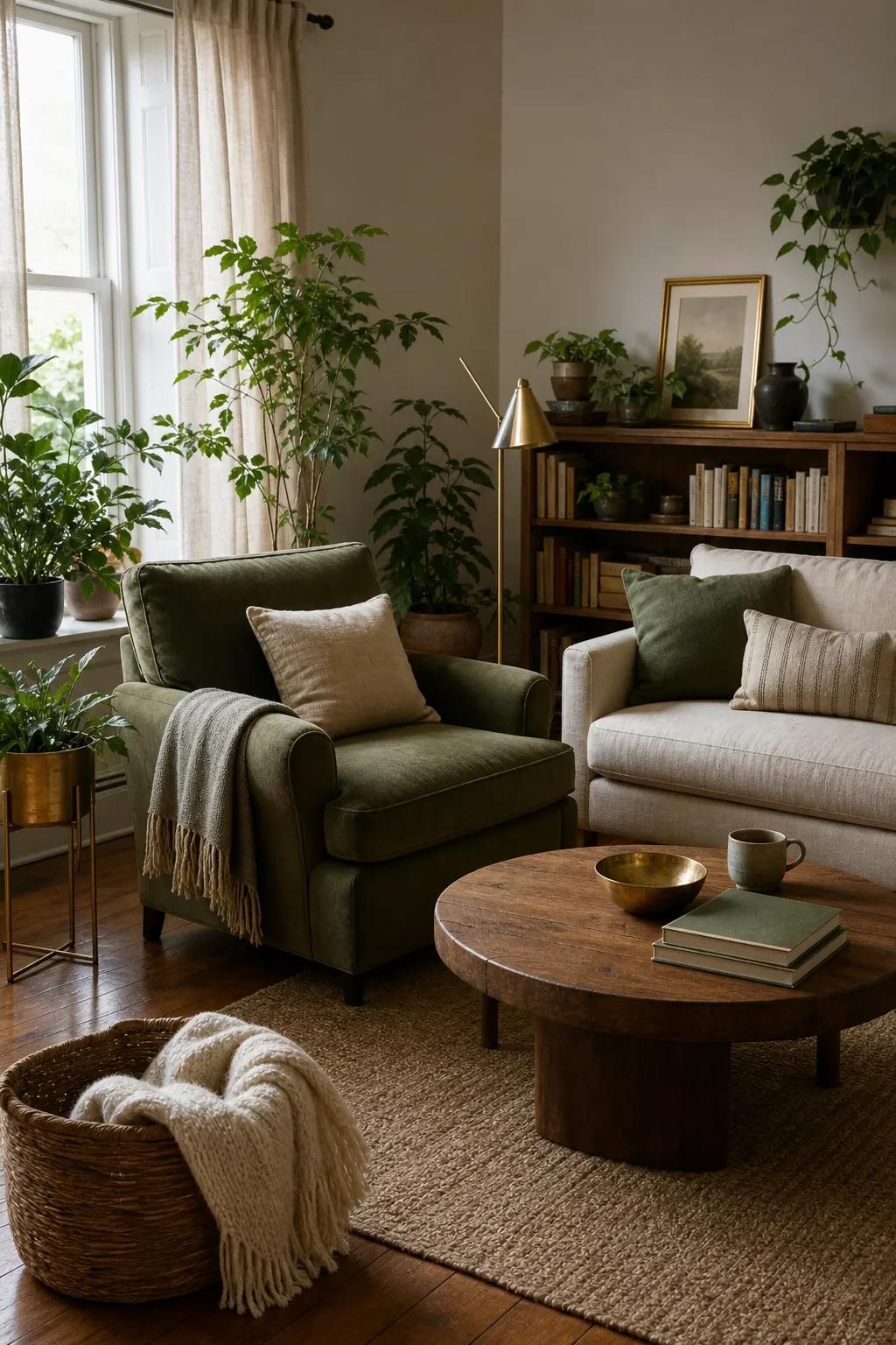 Casual green living room with plants, cream seating, and soft gold accents