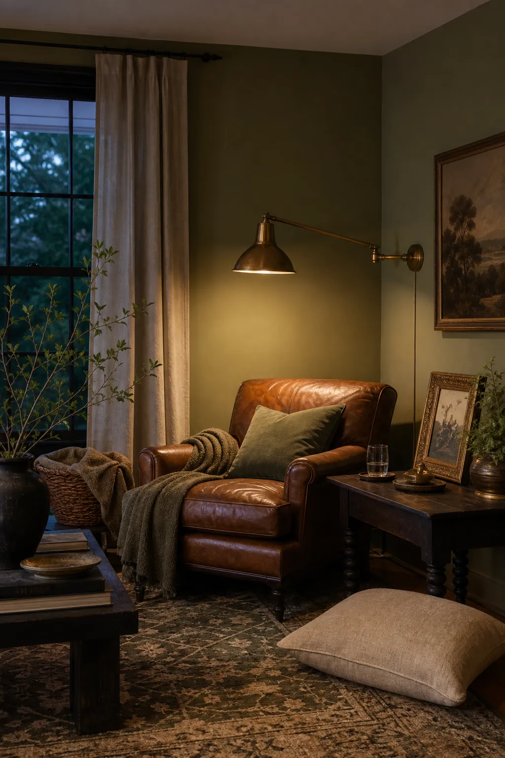 Collected green reading nook with brass light, warm wood, and soft textures