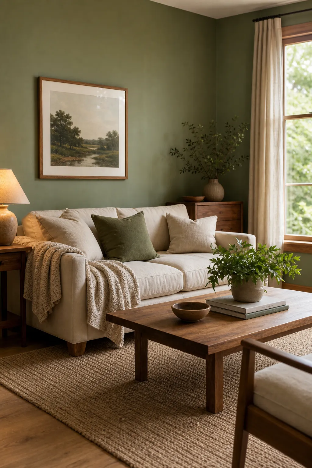 Balanced and cozy green living room with warm wood accents, neutral textiles, and soft lighting