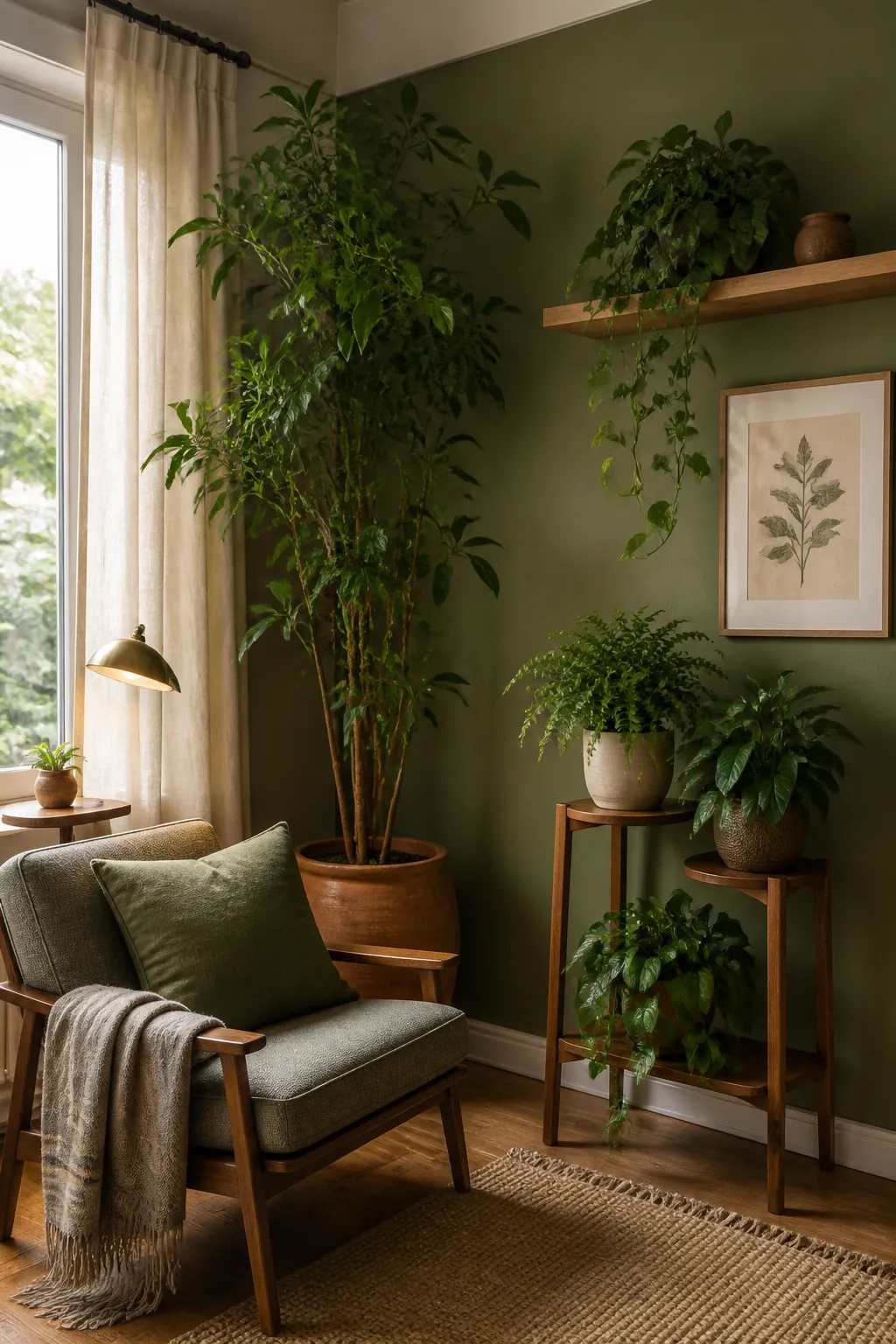 Layered plant corner with floor plant, shelf plants, and soft green decor