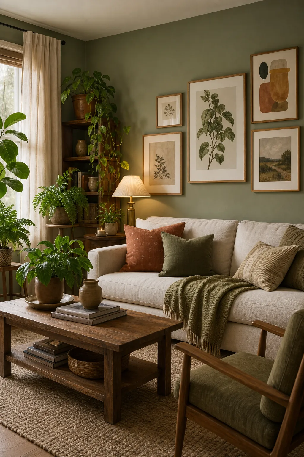 Green living room with plants, layered wall art, and soft textured decor
