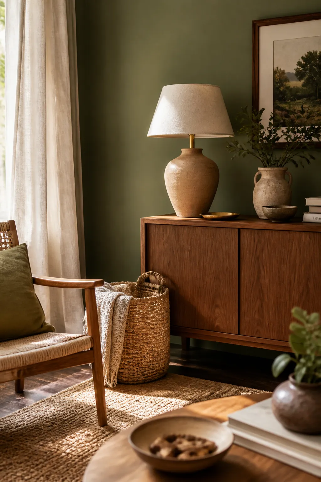 Green room styling with warm wood accents, woven textures, and cream neutrals