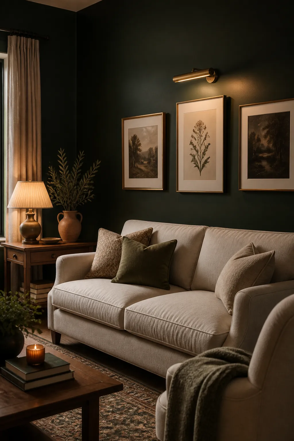 Moody dark green living room wall balanced with light artwork, brass lighting, and cream furniture