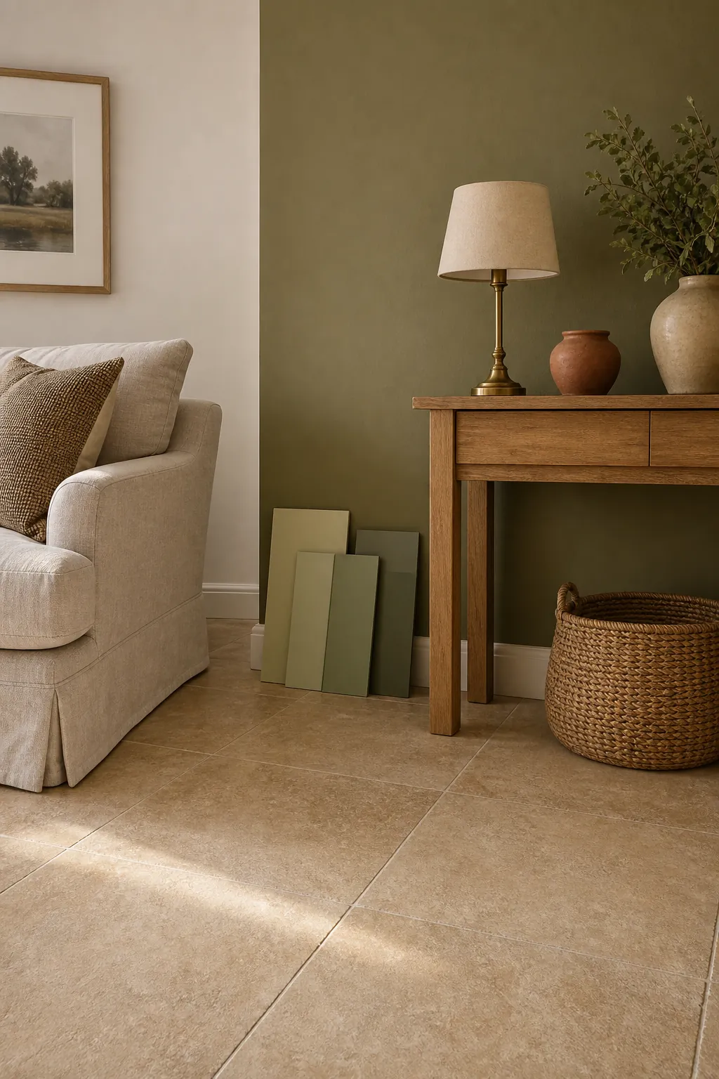 Olive green accent wall styled with beige tile flooring and warm neutral furniture