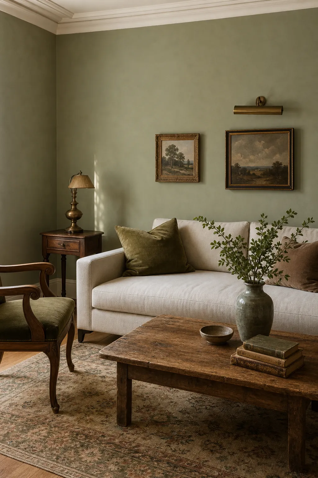 Sage green living room anchored by a vintage rug and simple modern sofa