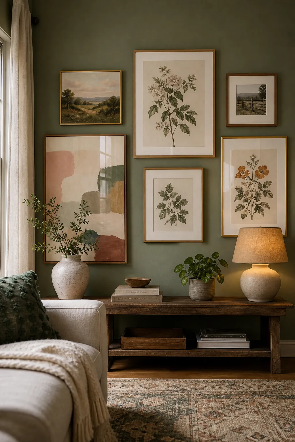 Botanical wall art in a green living room with plant decor and warm wood frames