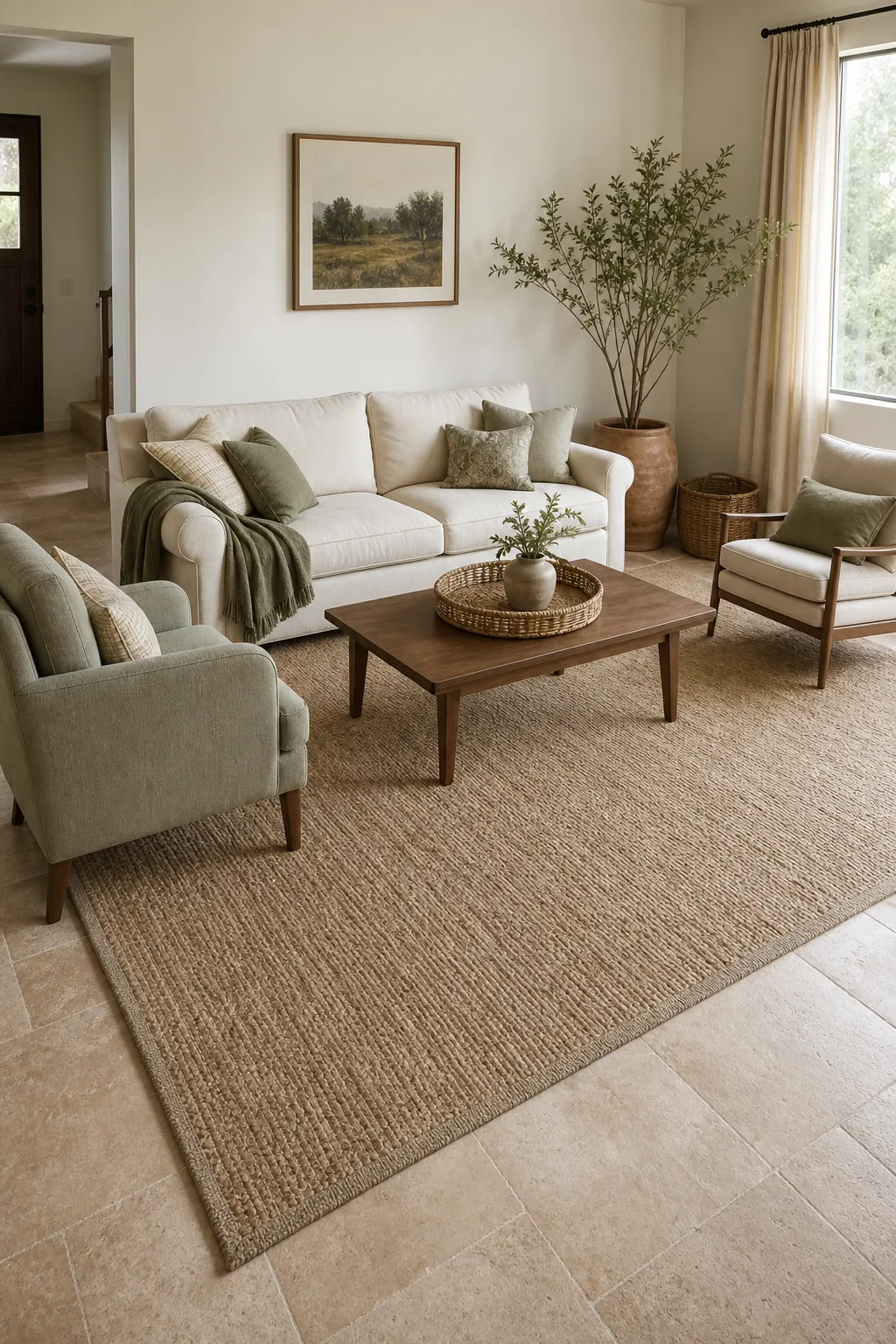 Large jute rug layered over beige flooring in a green and beige living room