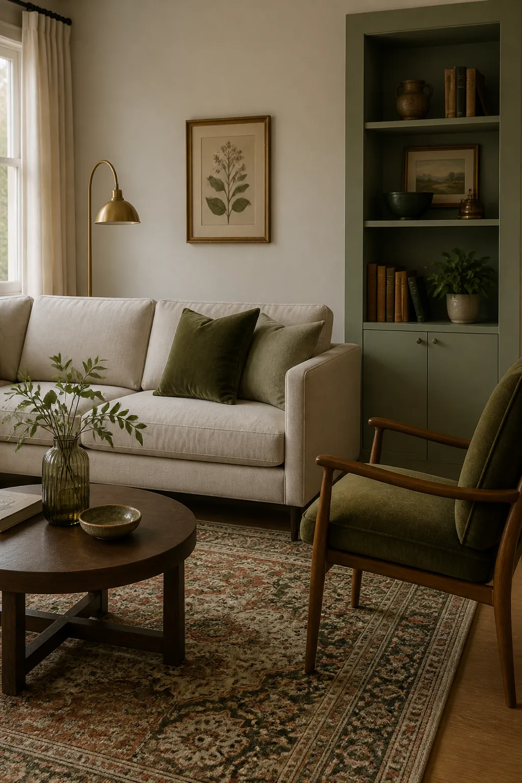 Modern neutral sofa balanced with vintage chair, green accents, and retro living room details