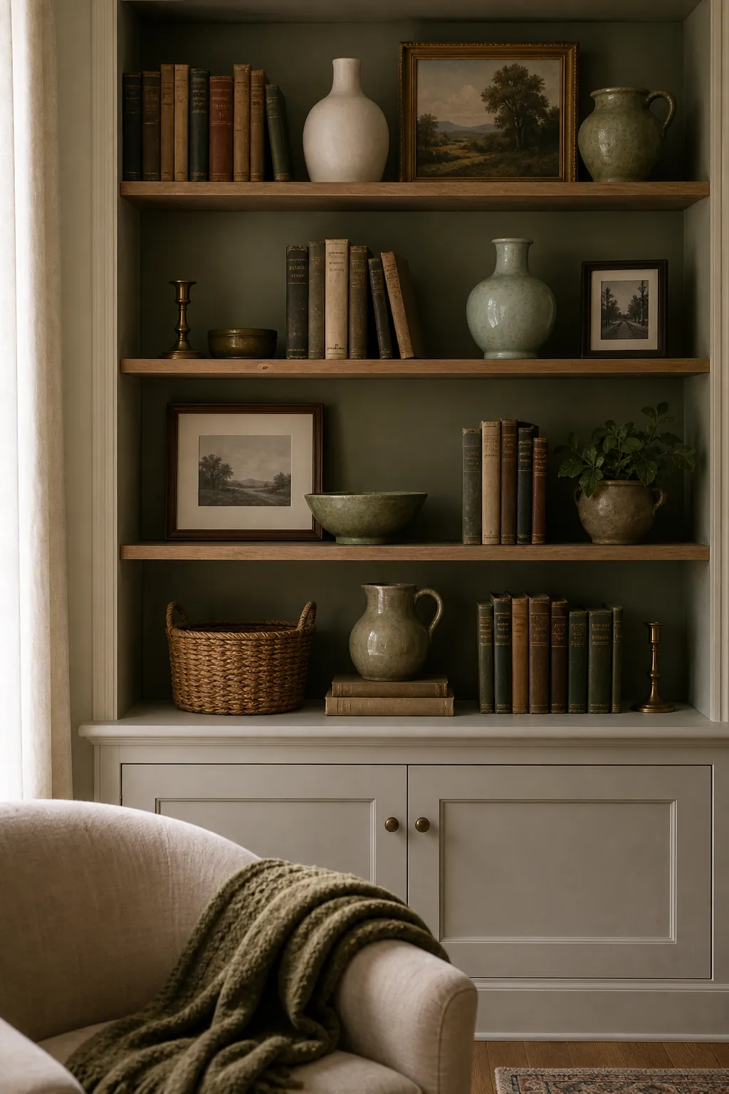 Thrifted shelf decor with repeated green accents, vintage art, books, and ceramics