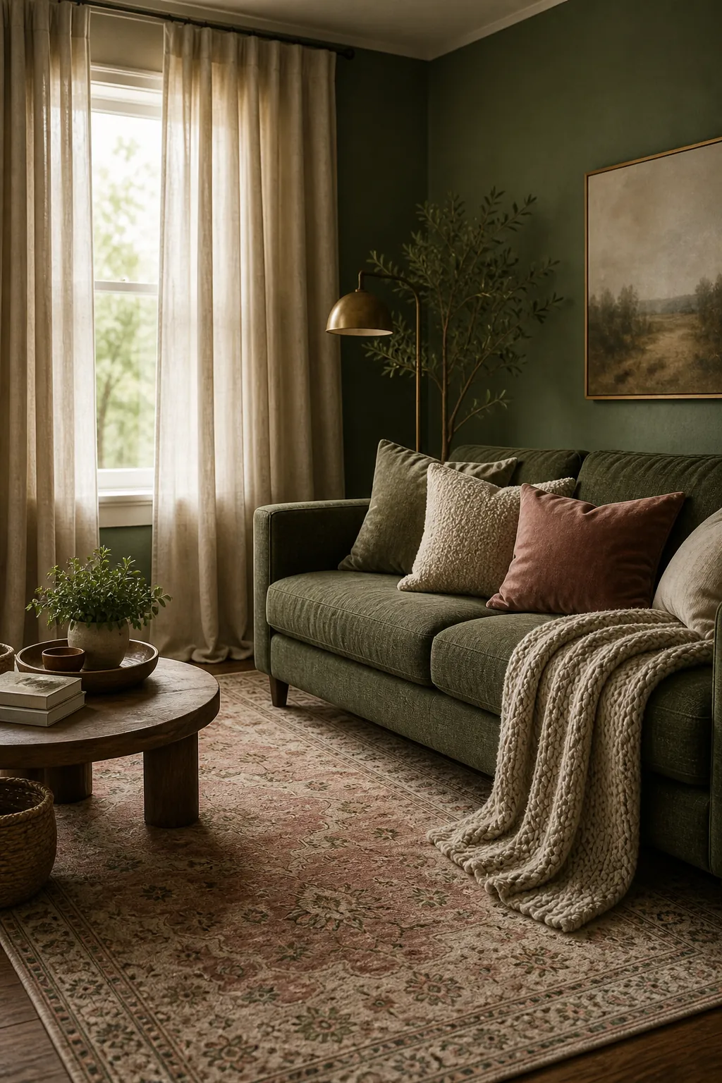 Green living room seating area with soft rug, curtains, pillows, and throw blanket