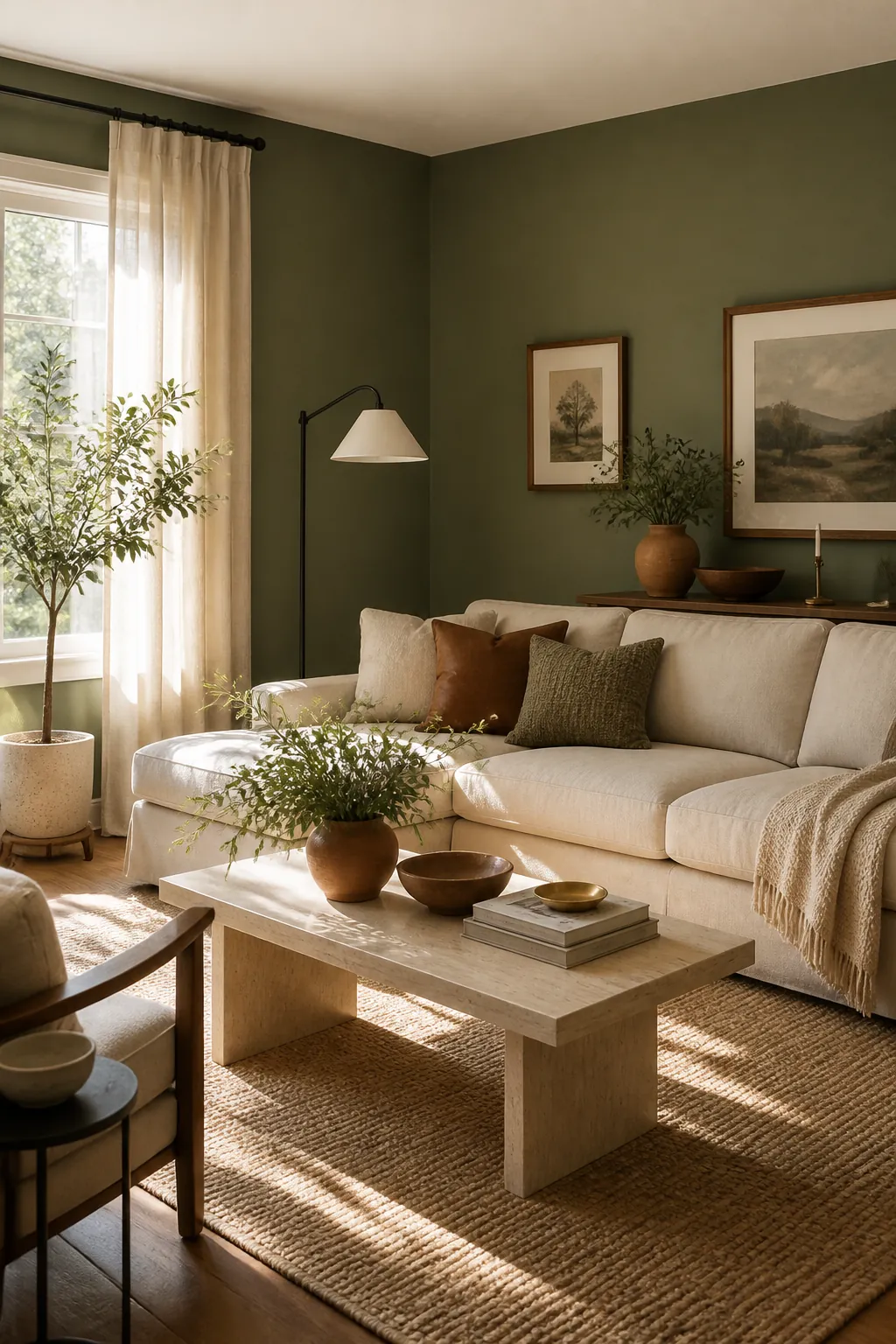 Green walls balanced by neutral accents, linen curtains, cream seating, and a natural rug
