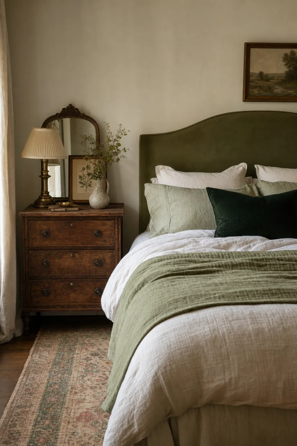 Soft green bedroom with vintage nightstand, modern bedding, and collected decor