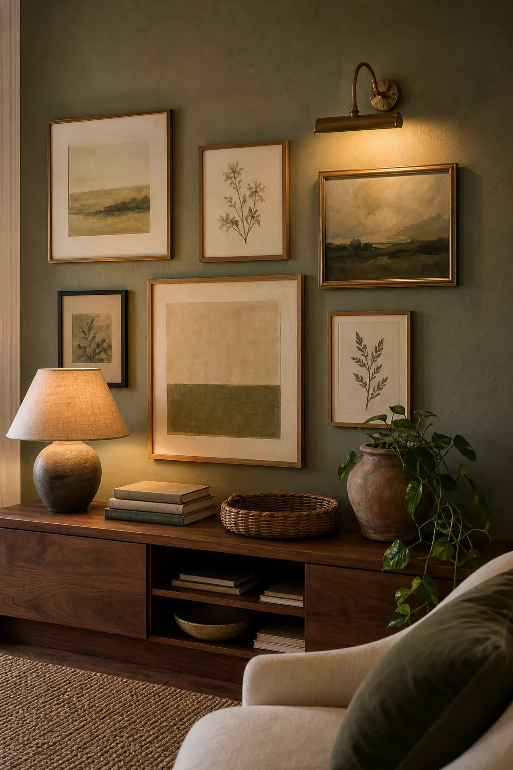 Green gallery wall with aged brass frames, warm art, and relaxed decor