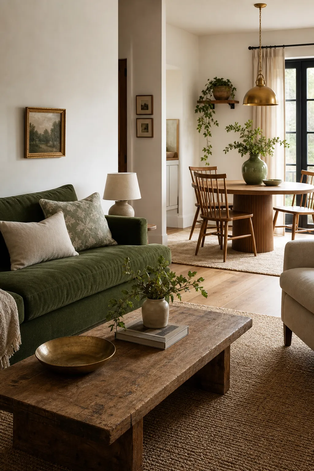 Open living dining space with green decor, brass details, and casual luxury