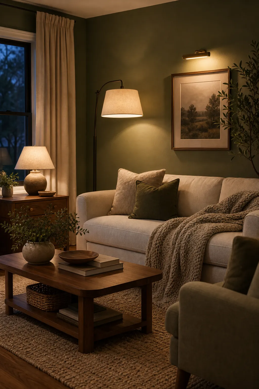 Cozy green room with soft lighting from lamps, warm bulbs, and layered evening glow