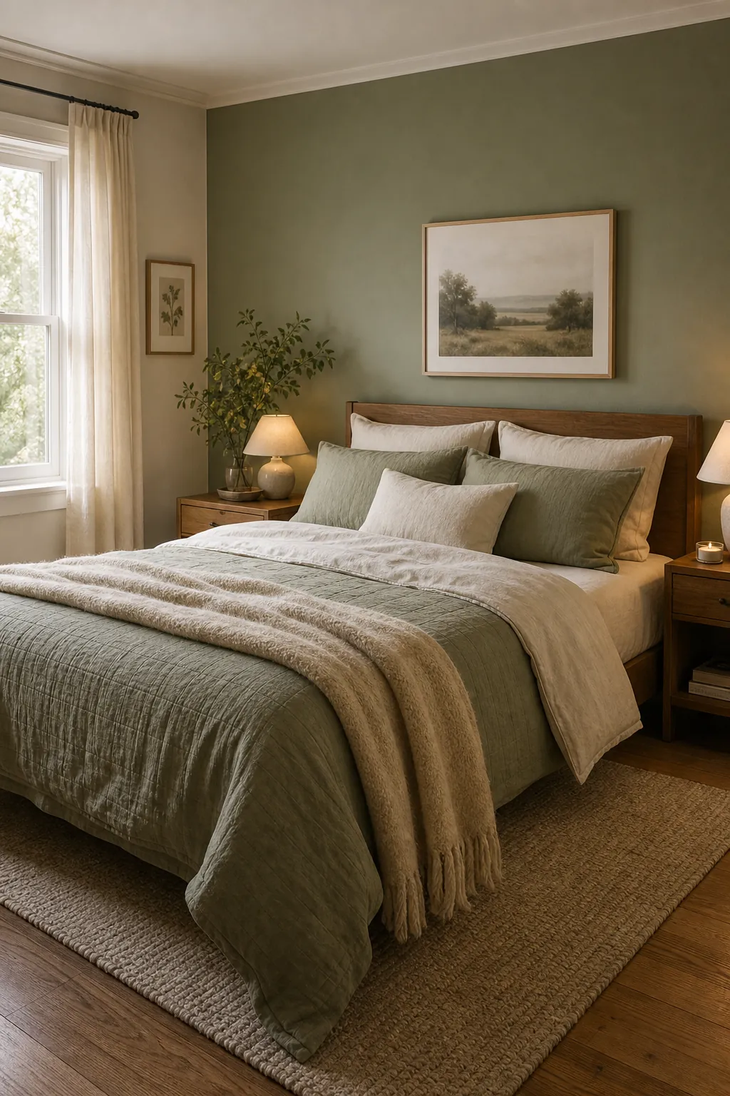 Green bedroom with soft textures, plant decor, and calming wall art