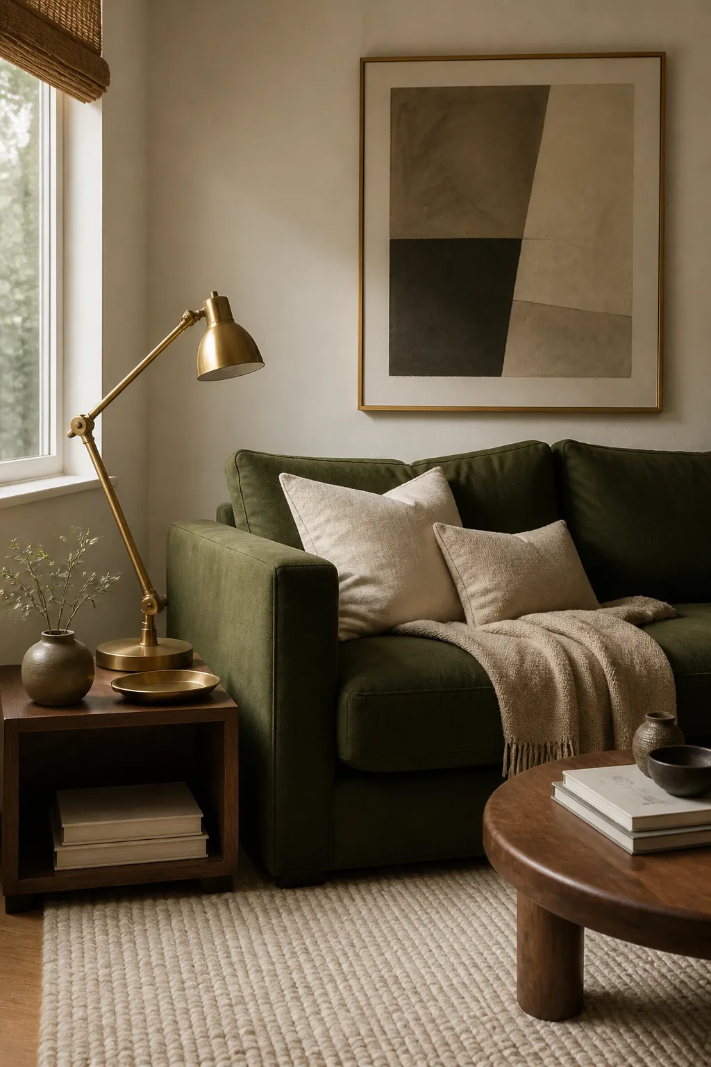 Olive sofa with brass lamp, cream rug, and relaxed green and gold decor