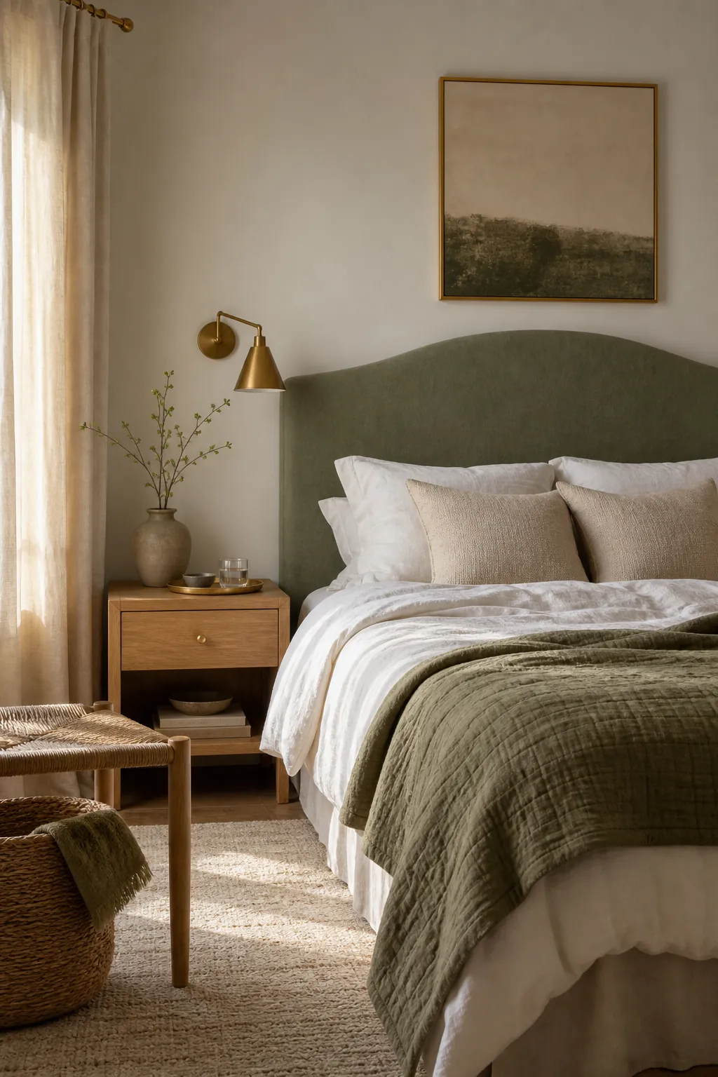 Sage bedroom with soft linen, brass accents, and relaxed green and gold decor