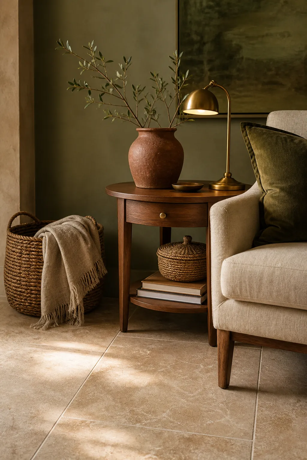 Terracotta, brass, olive green, and woven decor details on beige flooring