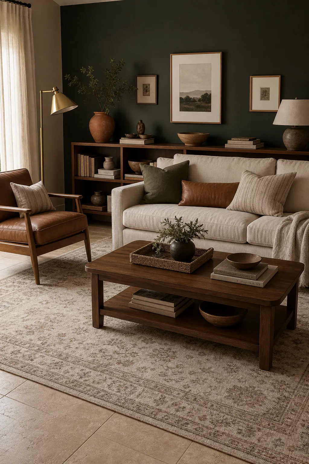 Cozy dark green wall room with beige flooring, cream seating, and warm lighting