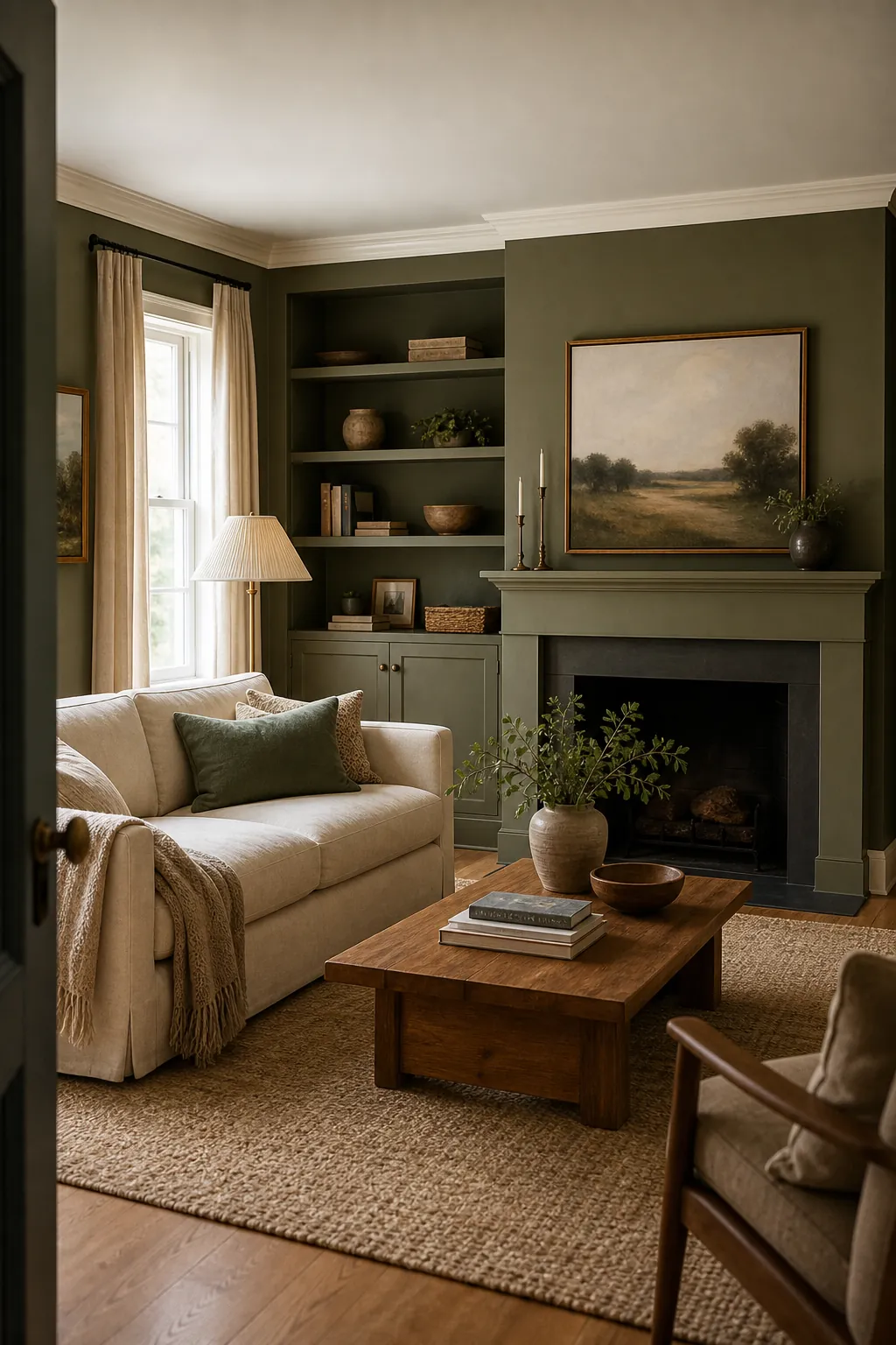 Edited cozy green living room with clear focal point, warm textures, and uncluttered styling
