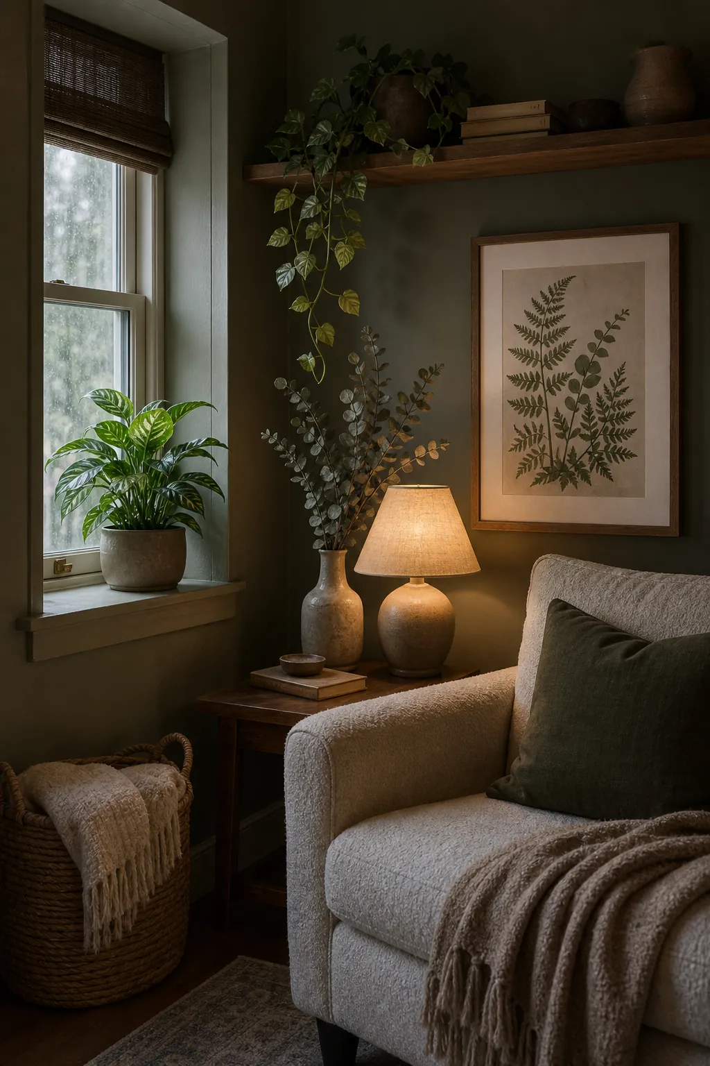 Low light green room with hardy plant decor, faux vines, and warm table lamp
