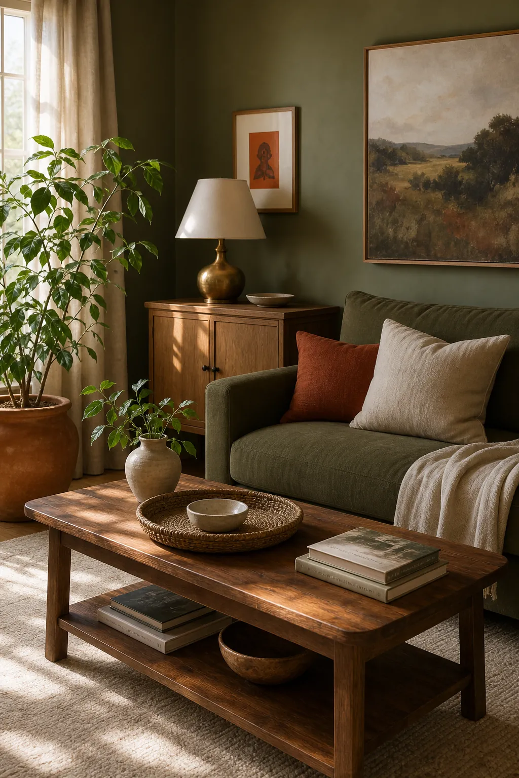 Cozy green living room with warm wood, cream accents, brass lamp, and plant decor