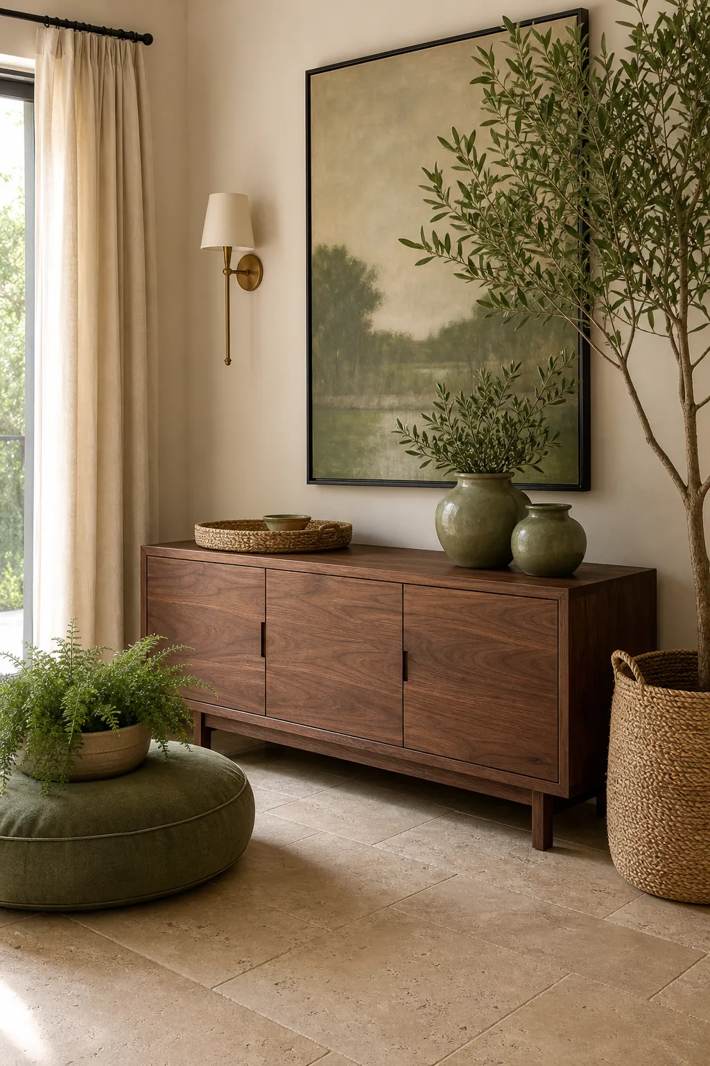 Green plants, wood furniture, and beige flooring styled at different heights