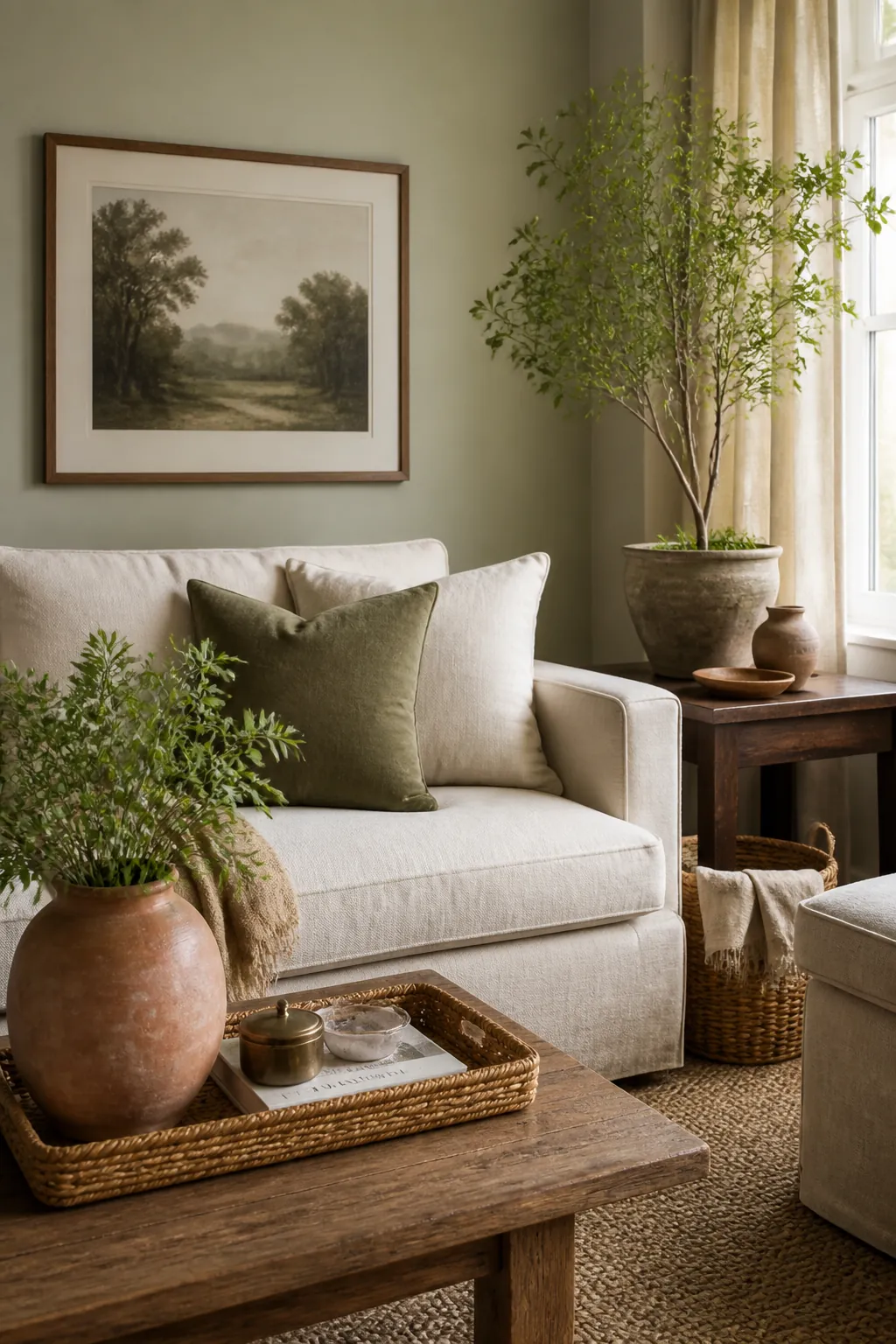 Subtle green decor repetition through pillows, plants, art, and earthy home decor accents