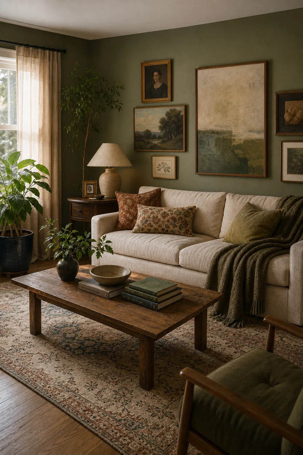Collected green living room with plants, meaningful art, and cozy natural home decor