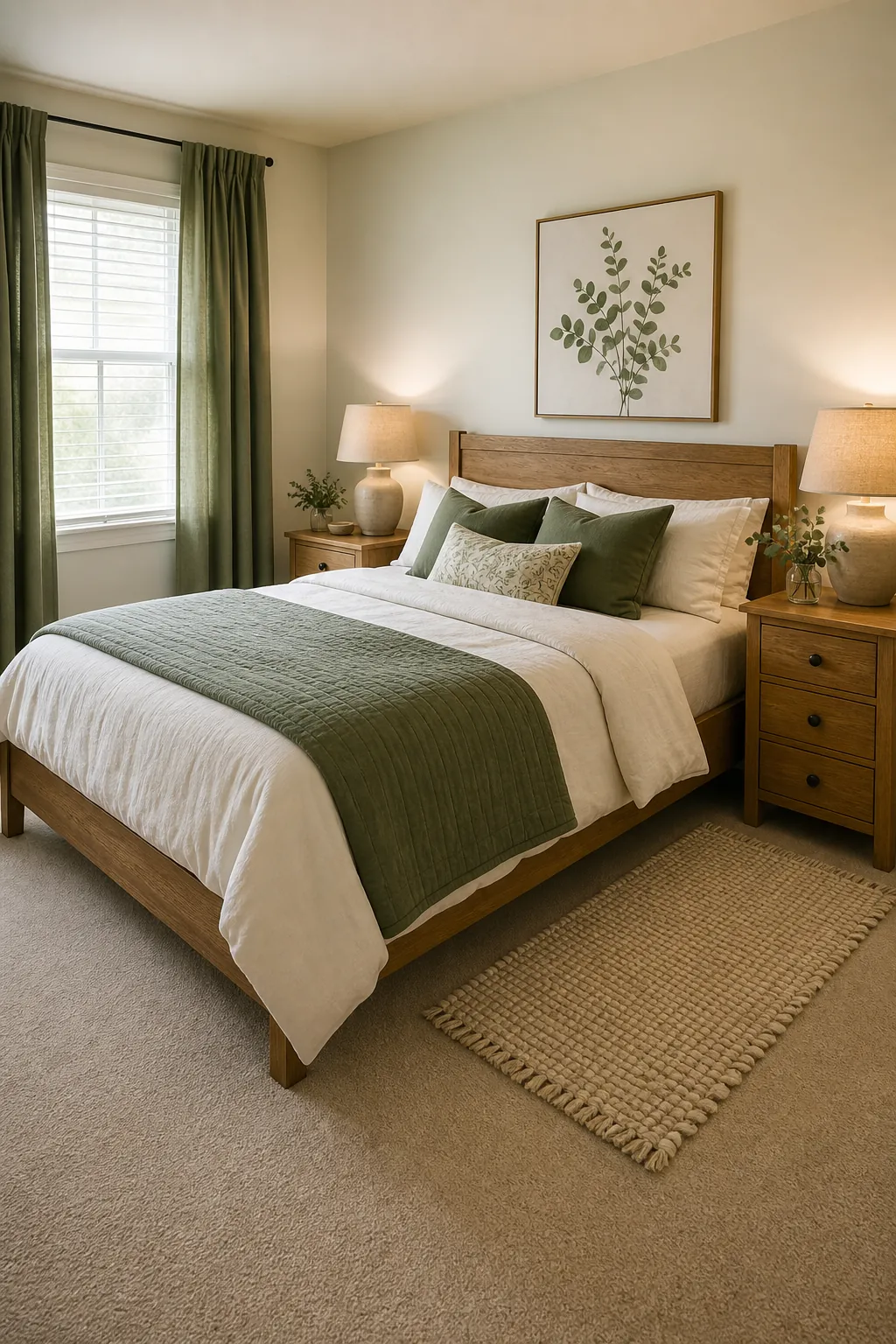 Soft green bedroom decor with beige carpet, ivory bedding, and oak furniture