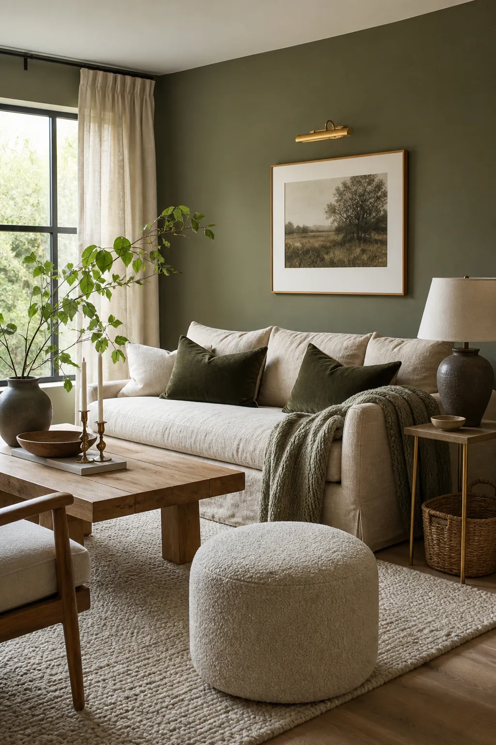 Soft textured green and gold living room with cream textiles and warm brass accents